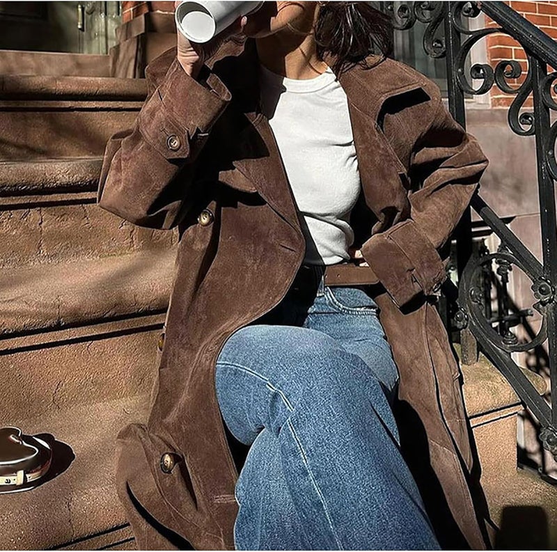 utcoco Womens Faux Suede Long Trench Coat Notched Lapel Double Breasted Pea Coat Overcoat with Belt - Image 4
